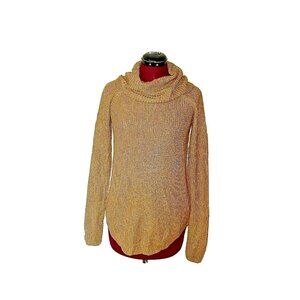BCX Women’s Sweater Small Beige Camel Metallic Lurex Cowl Neck Curved Hem